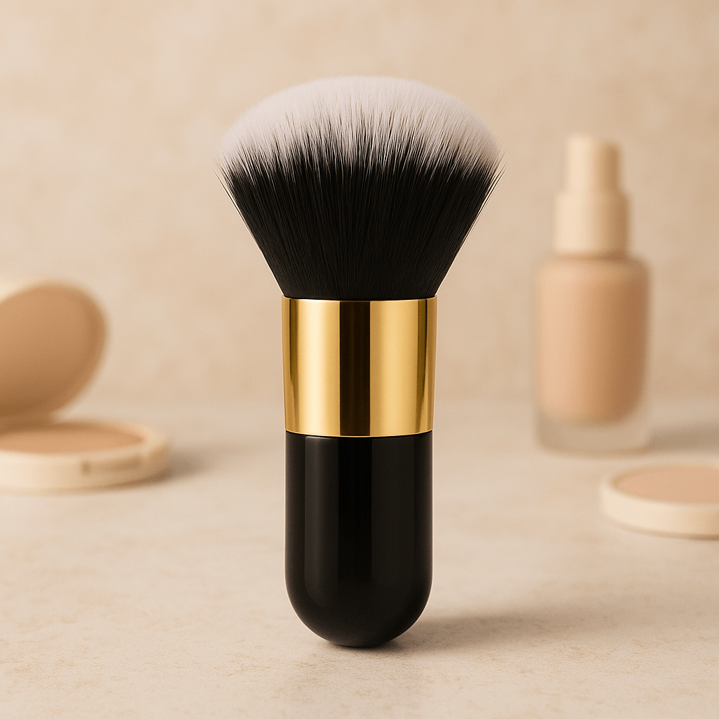 Face makeup brush with soft dense bristles on a neutral background