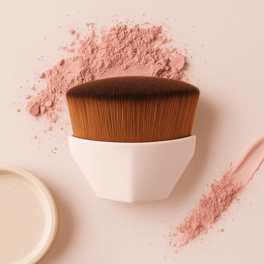 Foundation makeup brush with high-density bristles displayed upright on a neutral background